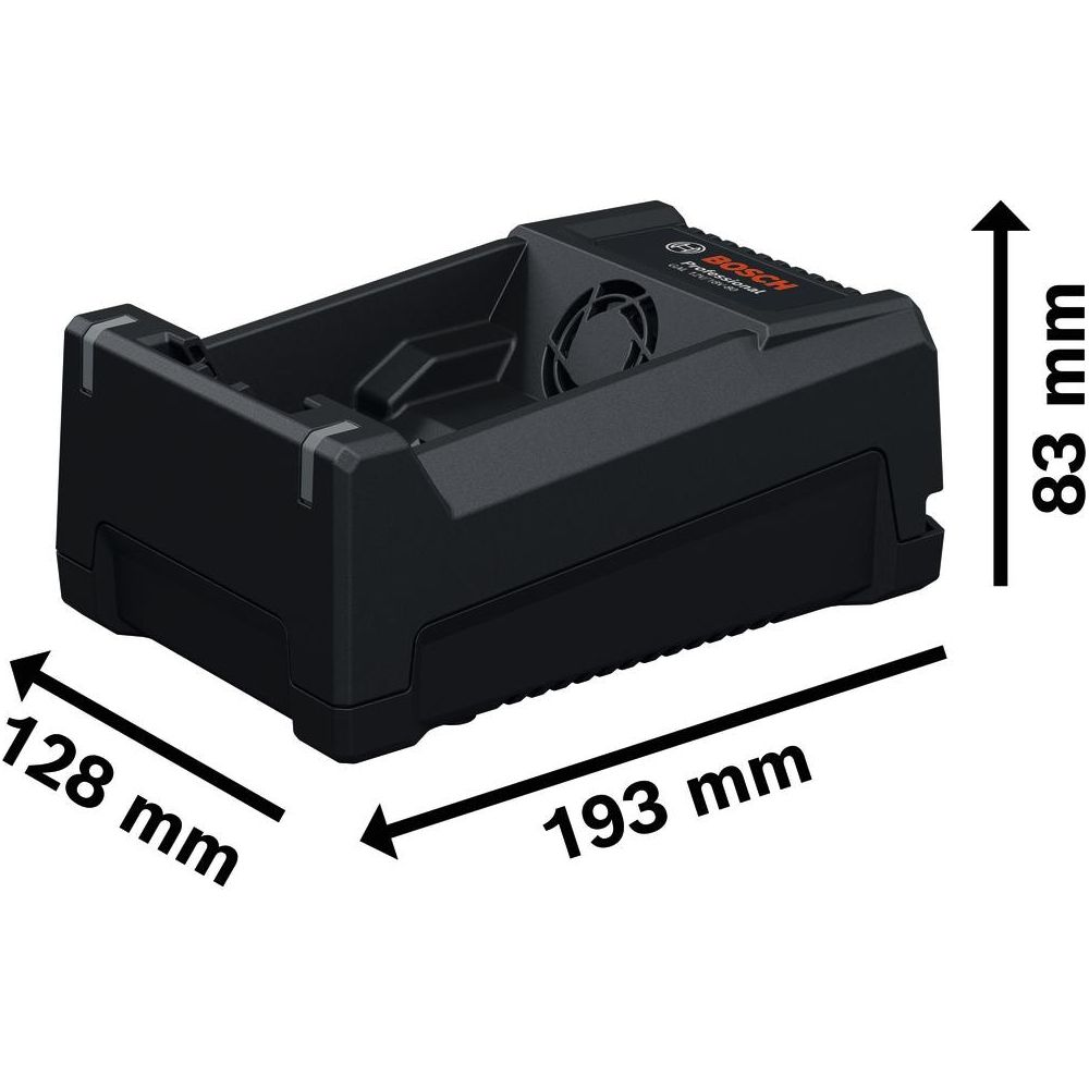 193x128x83 mm boyutlarında siyah Bosch şarj cihazı.