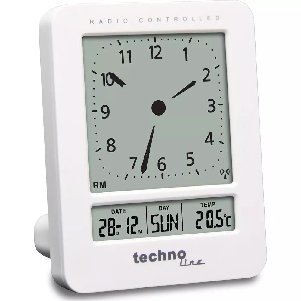 Biały zegar sterowany radiowo pokazuje 1:57, datę 28.12., dzień Niedziela i 20,5°C.