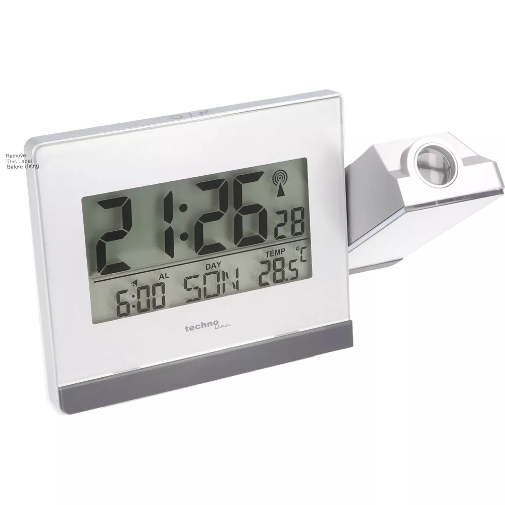 Digitaluhr mit Projektor zeigt 21:26, 28°C, 6:00, SONNE.