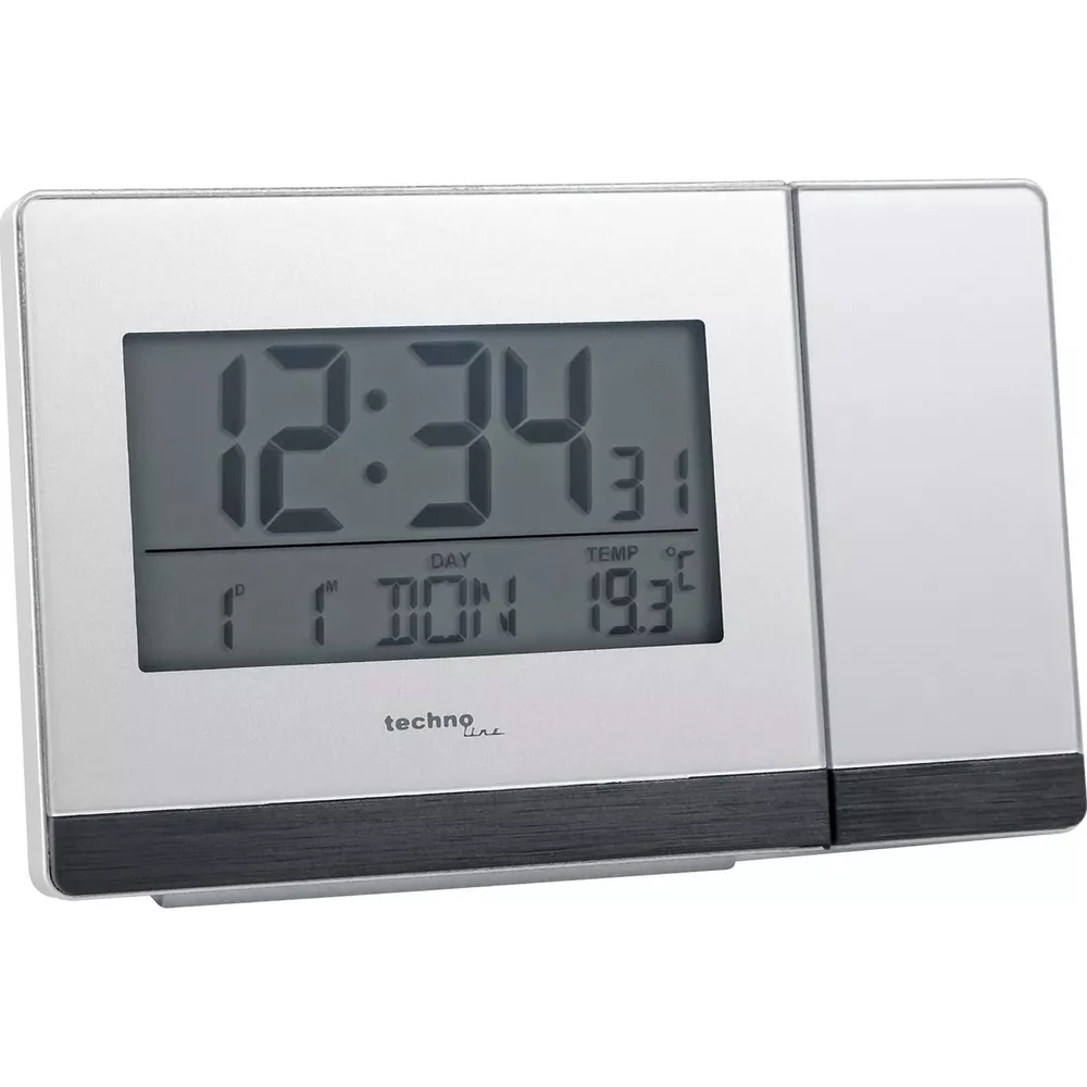Digitaluhr zeigt 12:34, Montag, 19,3°C und Datum 31.