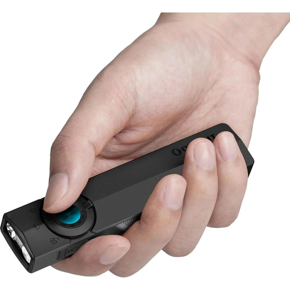Una mano tiene una torcia nera con accenti blu.
