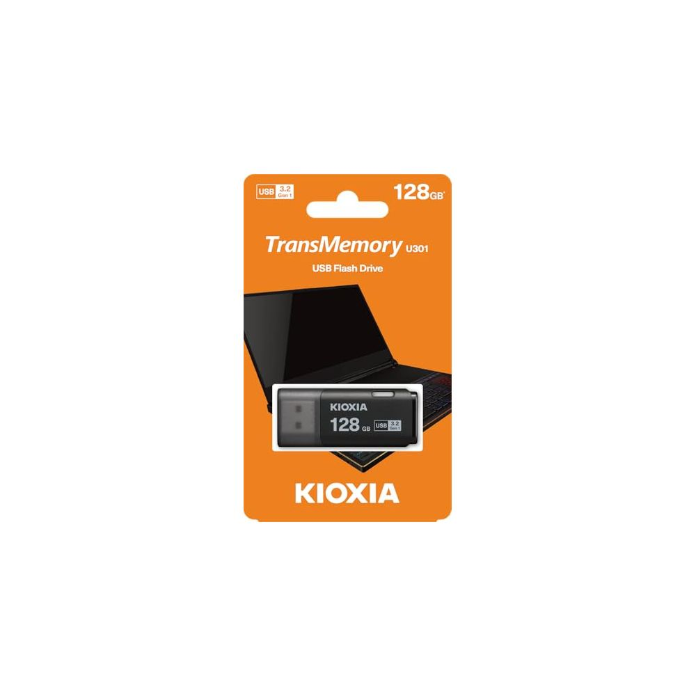 Kioxia TransMemory U301 128GB USB 3.2 Gen 1 flash sürücü paketi.