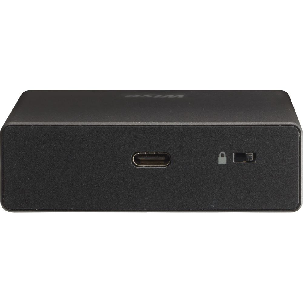 Custodia nera con porta USB-C, icona lucchetto e interruttore.
