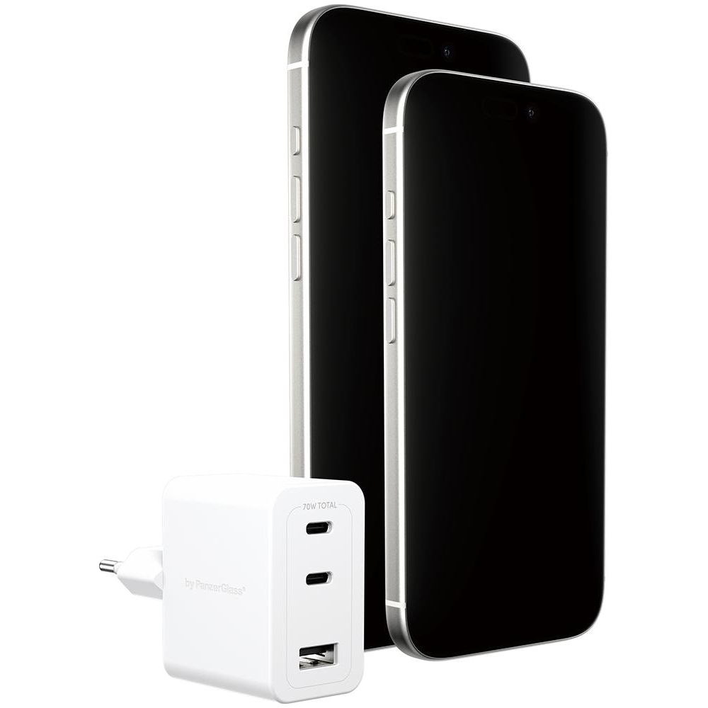 Beyaz bir şarj cihazı, beyaz arka planda iki iPhone'un yanında duruyor.
