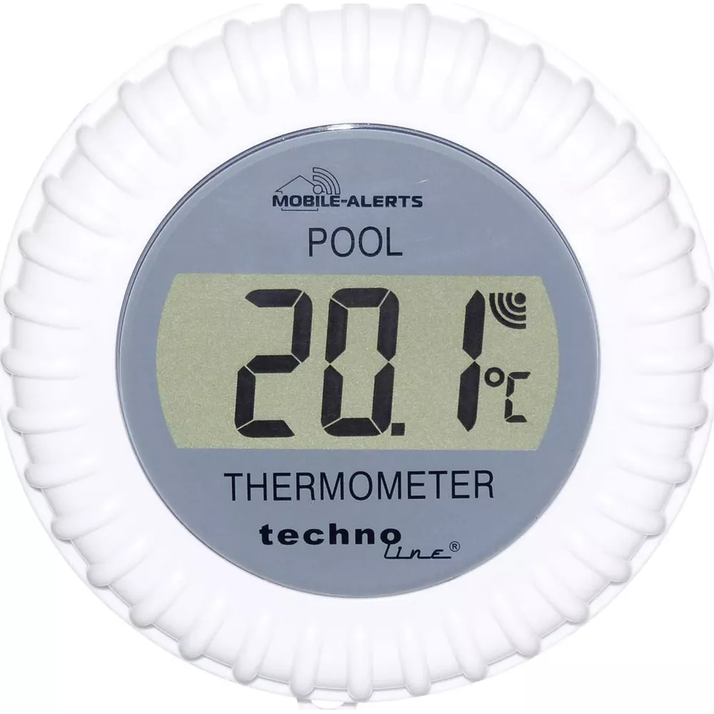 Ein runder Poolthermometer zeigt 20,1 Grad Celsius an.