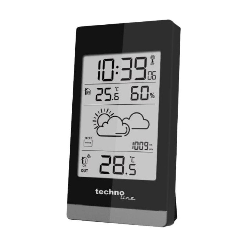 Orologio digitale mostra 10:39, 25.6°C, 60%. Meteo nuvole/sole. Temp. esterna 28.5°C.