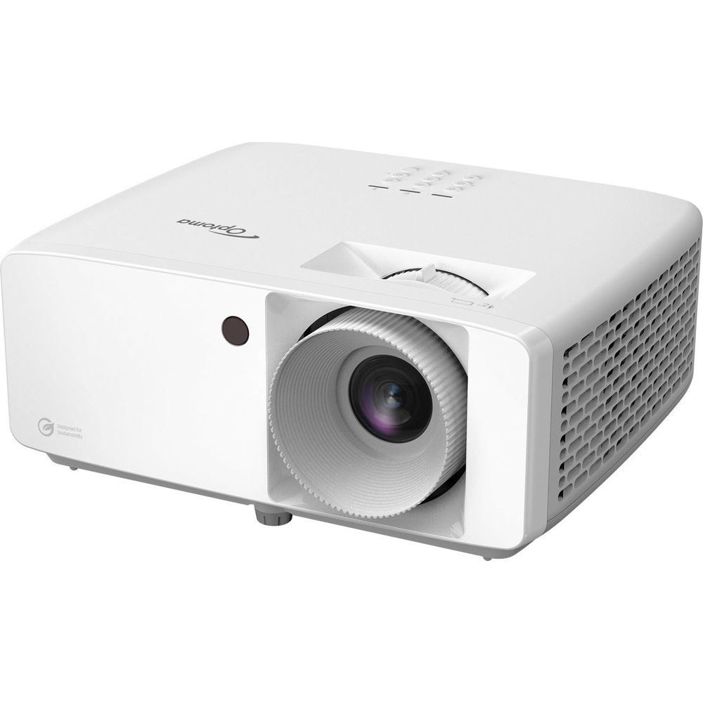 Un projecteur Optoma blanc avec objectif et grilles de ventilation.