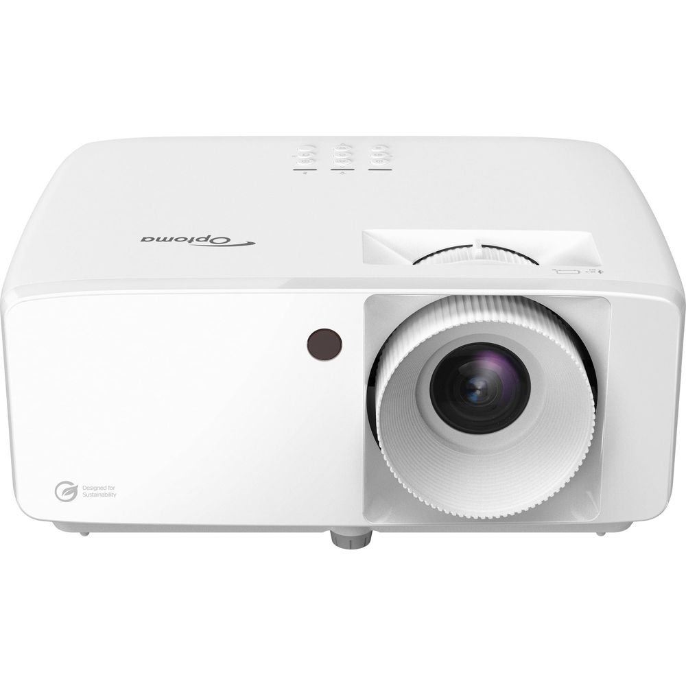 Un projecteur Optoma blanc avec lentille et boutons.