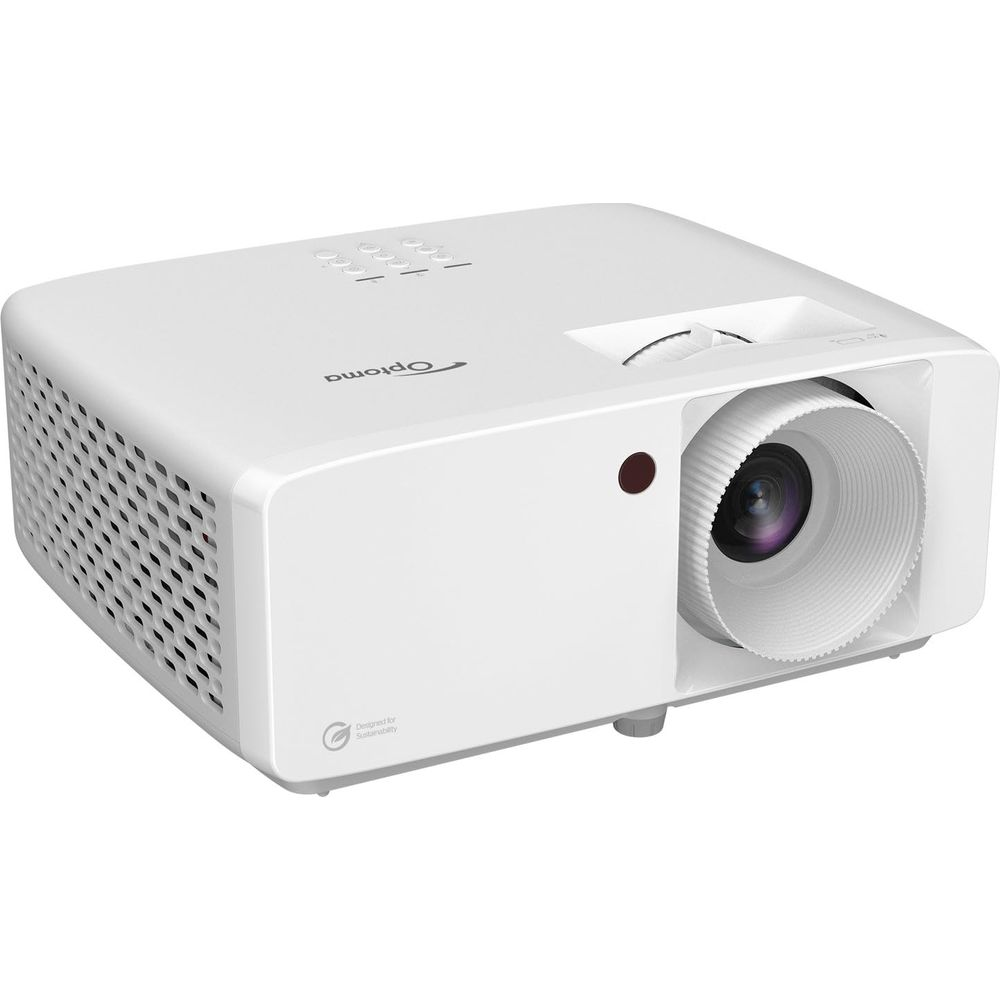 Un projecteur Optoma blanc doté d'une lentille et de grilles d'aération.