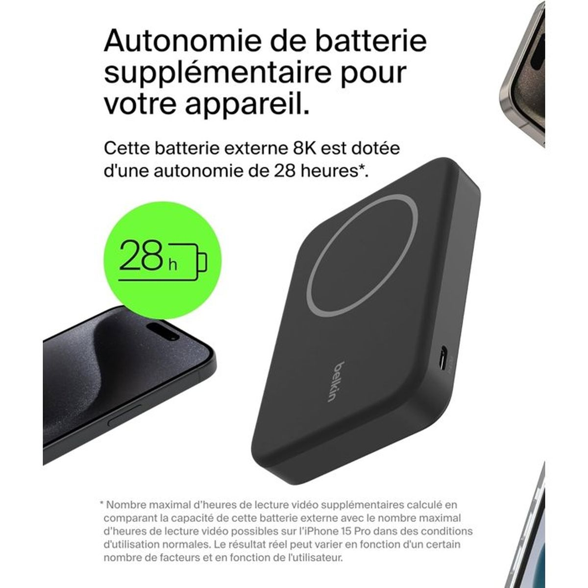 Zwarte powerbank met 28 uur batterijduur naast een smartphone.