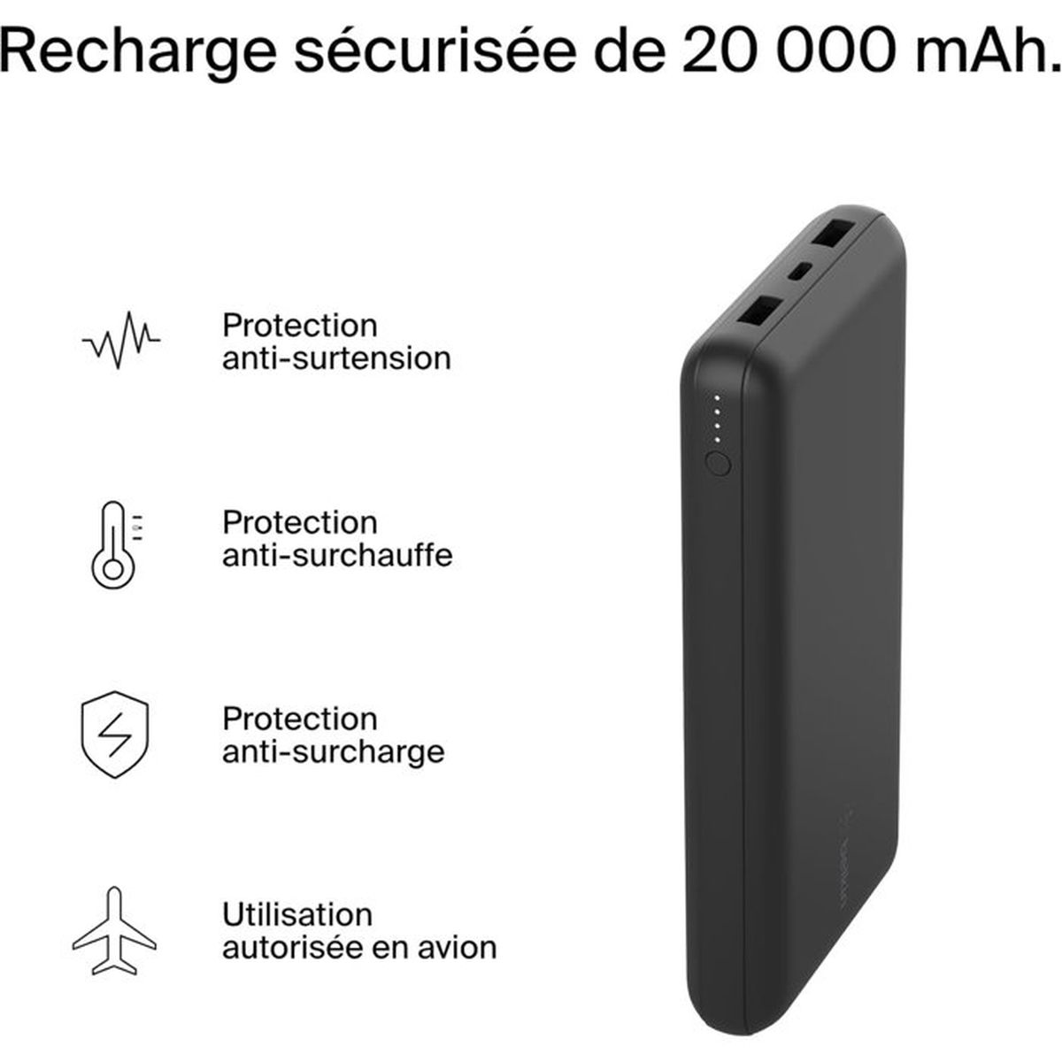 Power bank nero con indicatore di carica, protezione da sovratensione, surriscaldamento e sovraccarico.