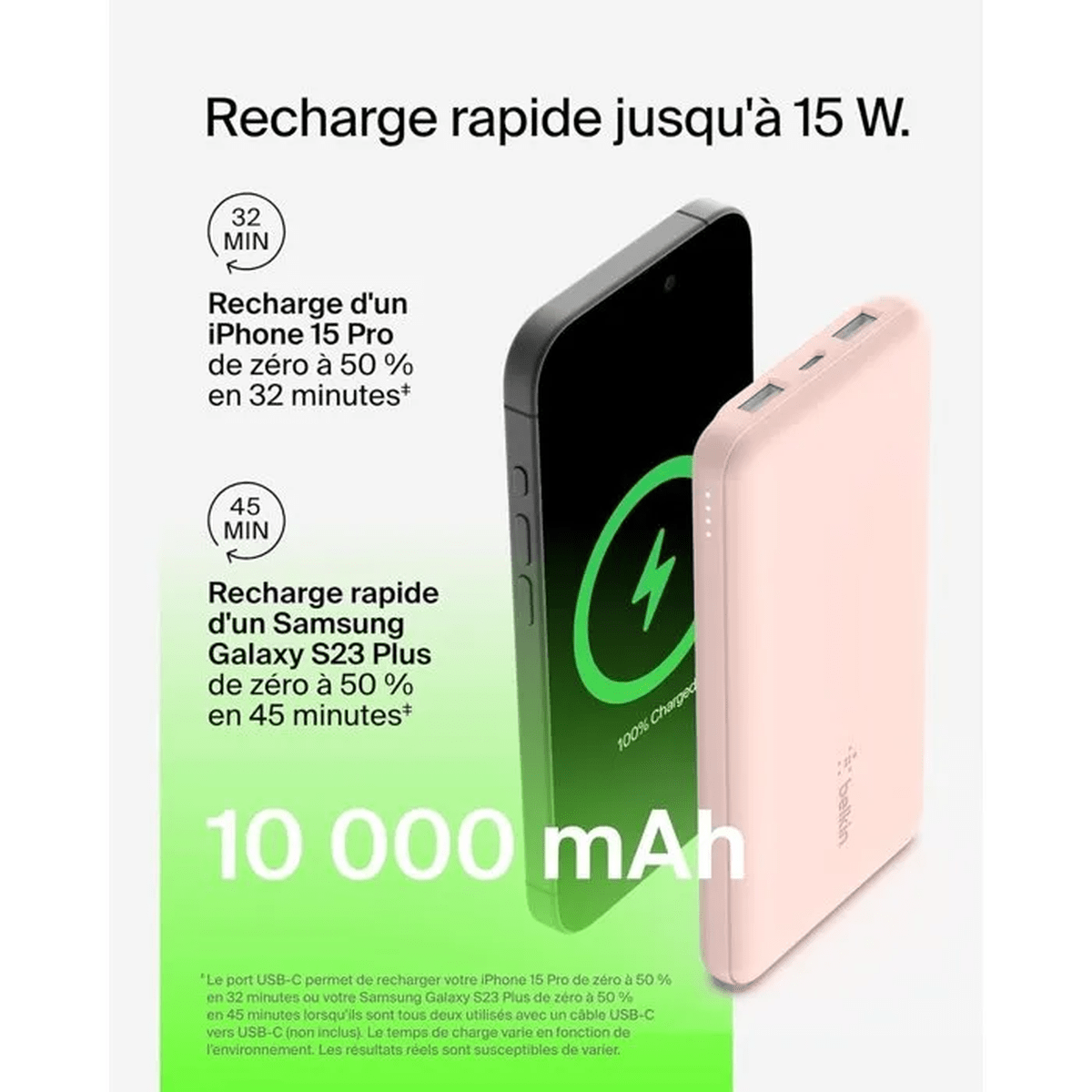Een roze powerbank laadt een zwarte iPhone op met bliksemschicht-icoon. 10.000 mAh.