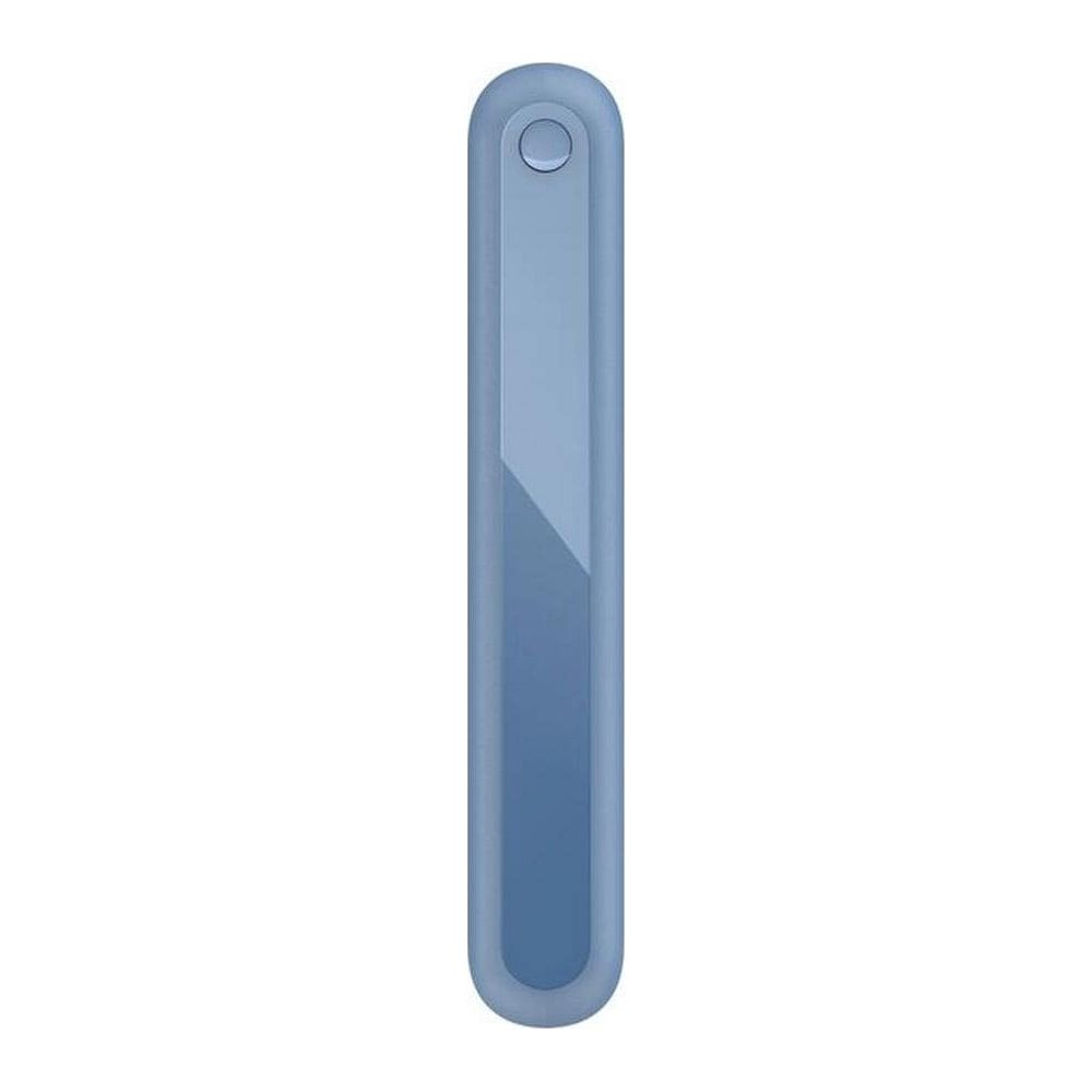 Un objet bleu allongé aux extrémités arrondies sur fond blanc.