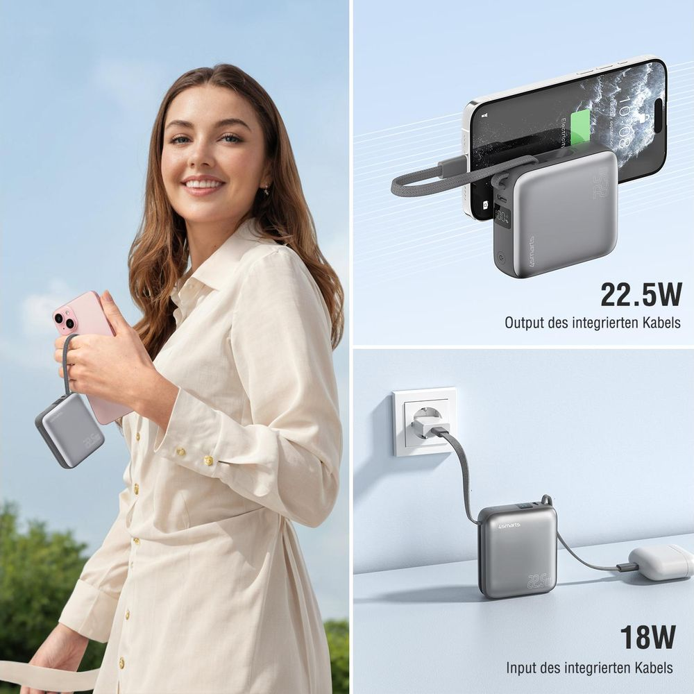 Donna con power bank e telefono. Power bank carica telefono e viene caricata da presa.