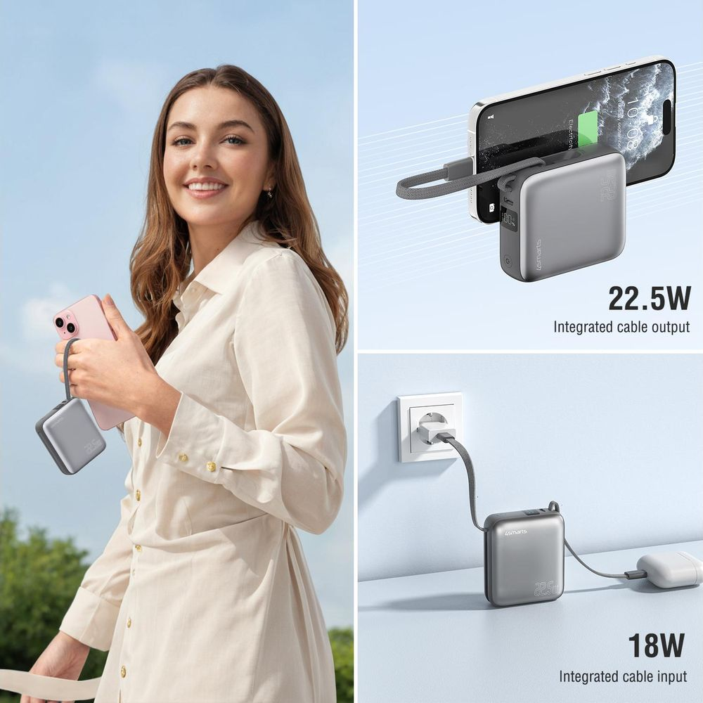 Donna con power bank e telefono; telefono in carica; adattatore a muro.