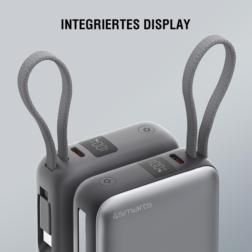 Due power bank grigie con laccetti e display al 100%.