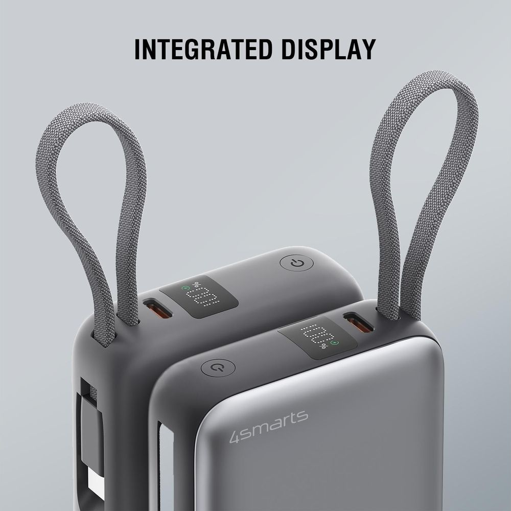 Due power bank grigie con cordini, che mostrano il 100% di carica.