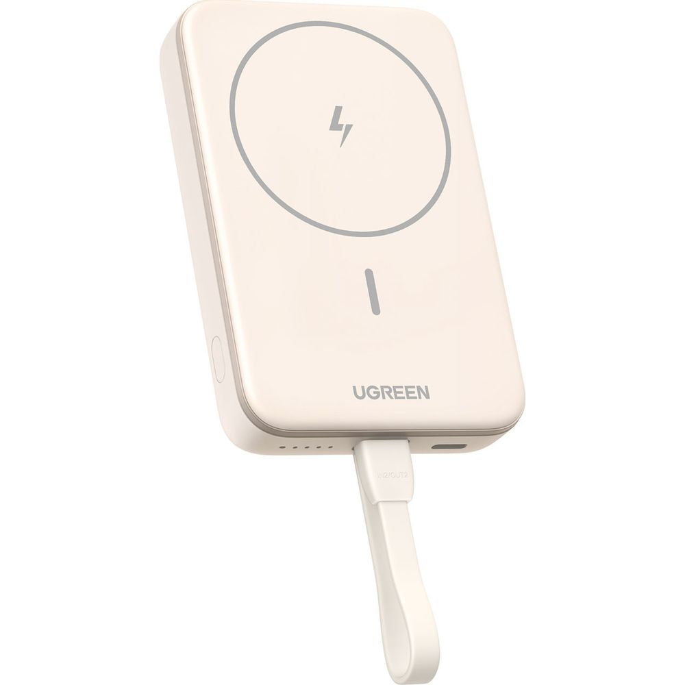Beżowy powerbank UGREEN ze wskaźnikiem ładowania i paskiem.