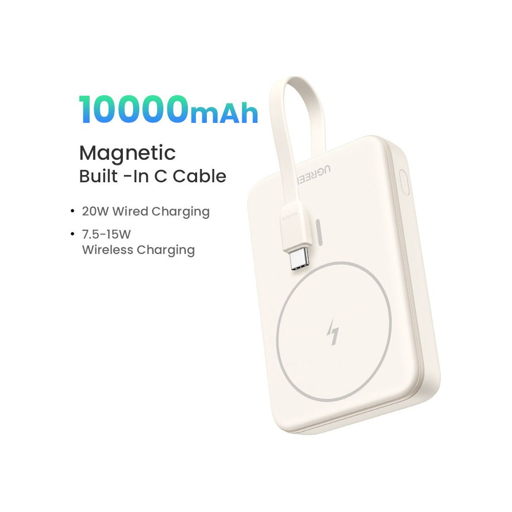 Biały power bank 10000mAh, magnetyczny, z wbudowanym kablem C.