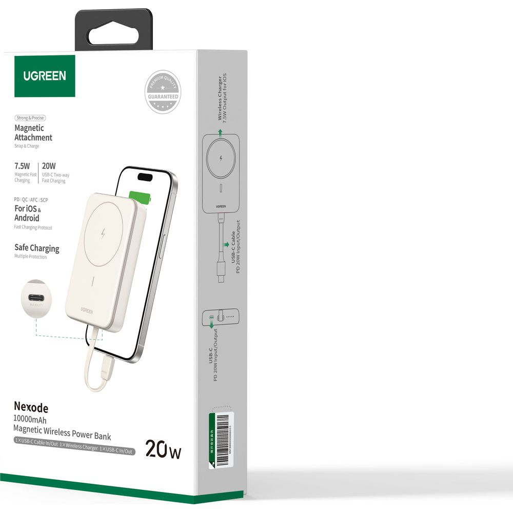 Powerbank UGREEN Nexode 10000mAh: Biały, magnetyczny, bezprzewodowy, z USB-C PD 20W.