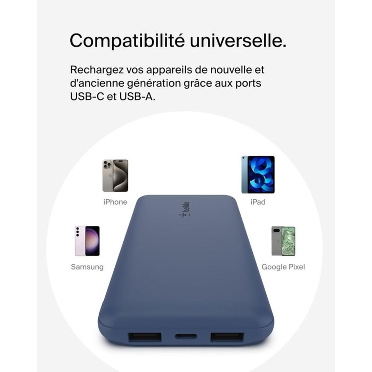 Blauwe powerbank met poorten voor iPhone, iPad, Samsung, Google Pixel.