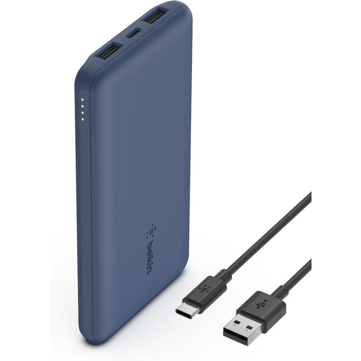 Een blauwe powerbank met USB-C en USB-A kabel.