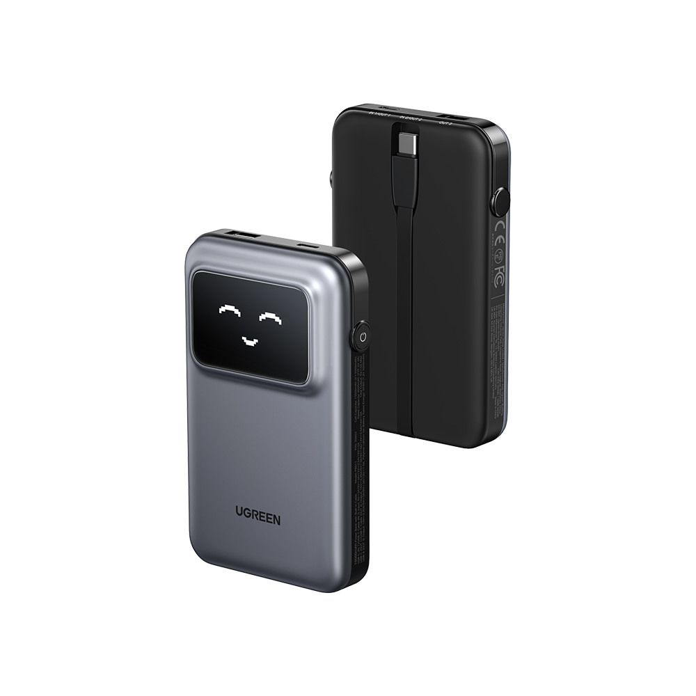Dwa powerbanki UGREEN, jeden szary z ekranem, jeden czarny.