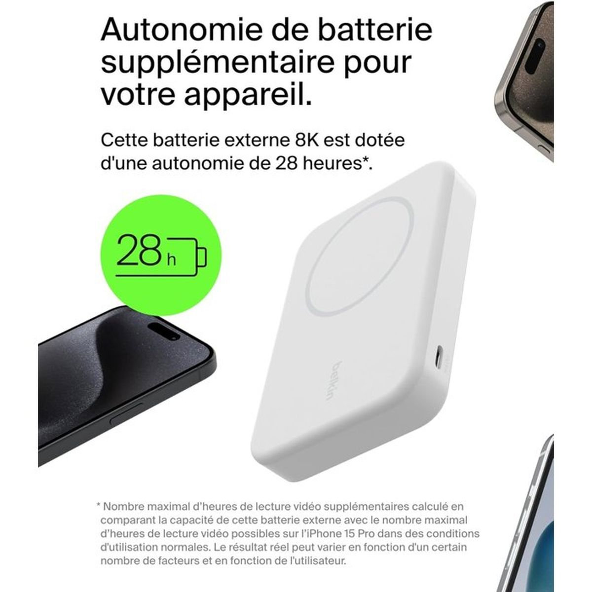 Ein weißes, rechteckiges Powerbank-Gerät mit Belkin-Logo. Daneben ein schwarzes Smartphone.