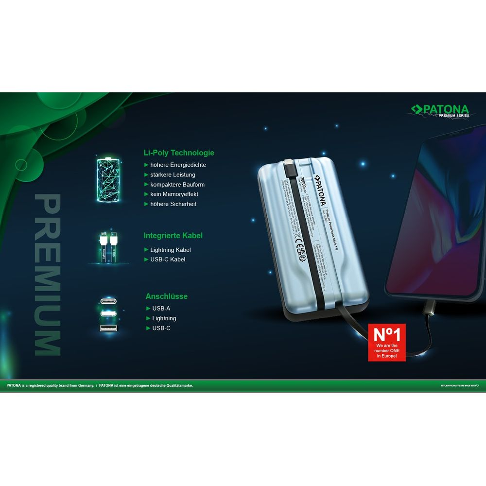Powerbank PATONA con tecnologia Li-Poly, cavi integrati e porte.