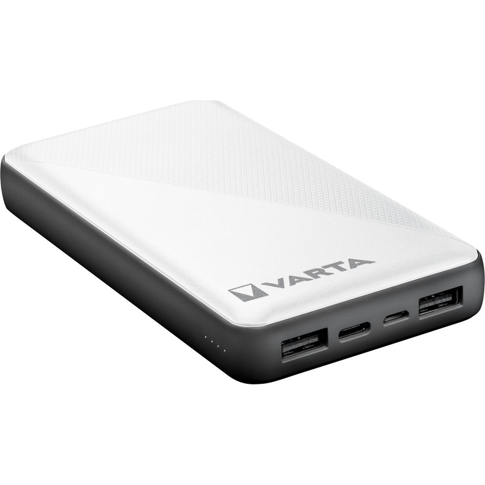 Ein weißer Varta Powerbank mit zwei USB-Anschlüssen und einem USB-C-Anschluss.