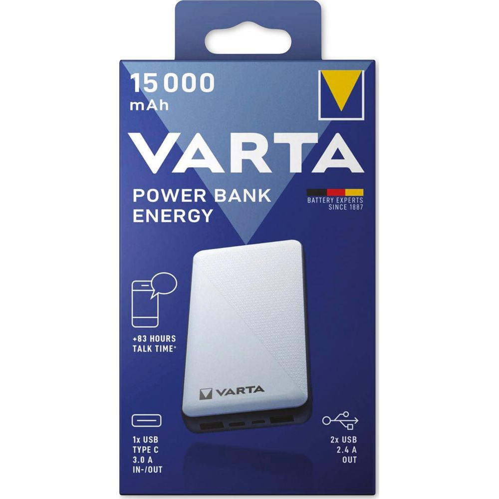 Varta Power Bank 15000 mAh mit USB-C und 2x USB-A Anschlüssen auf blauem Karton.