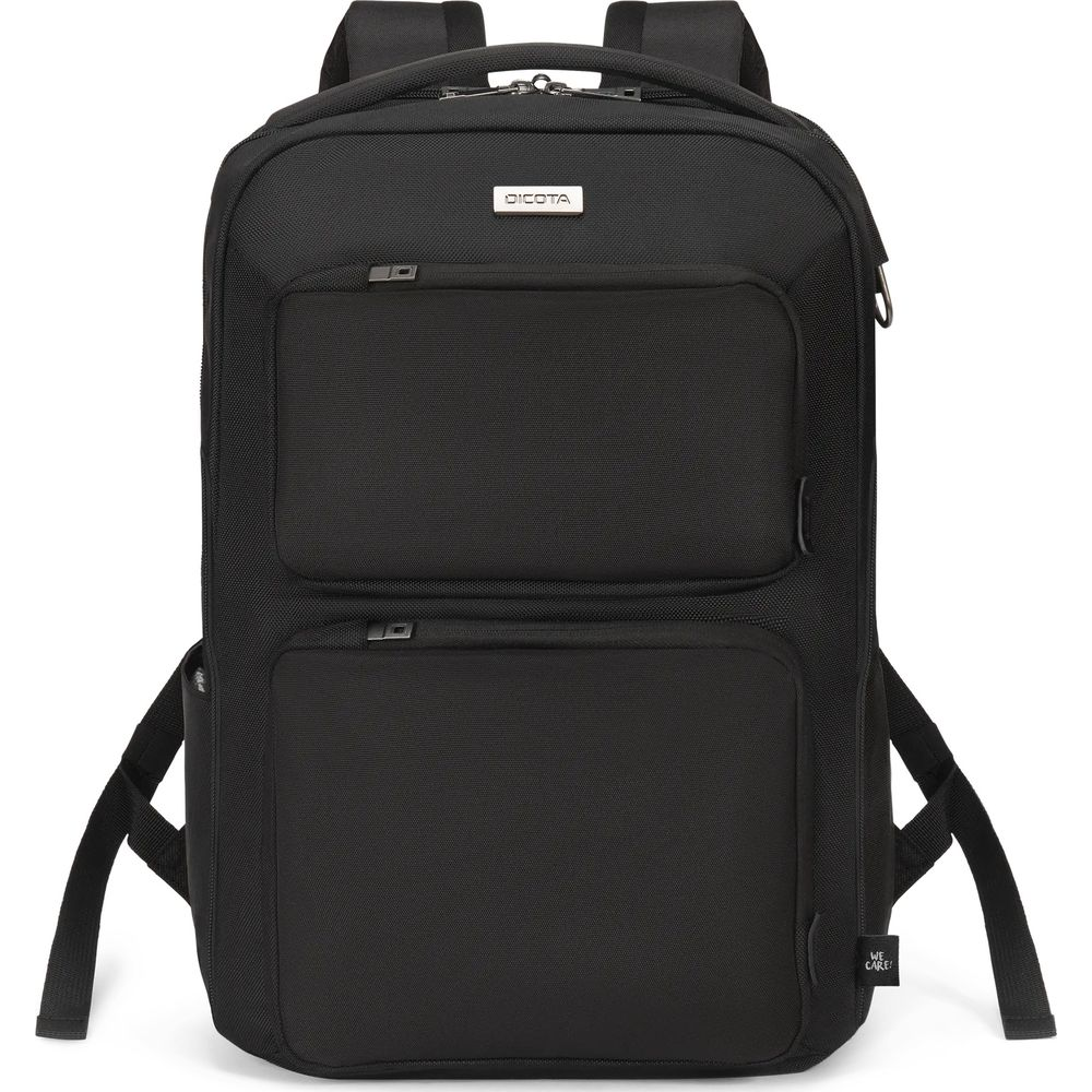 Zaino nero con due tasche frontali e logo del marchio.