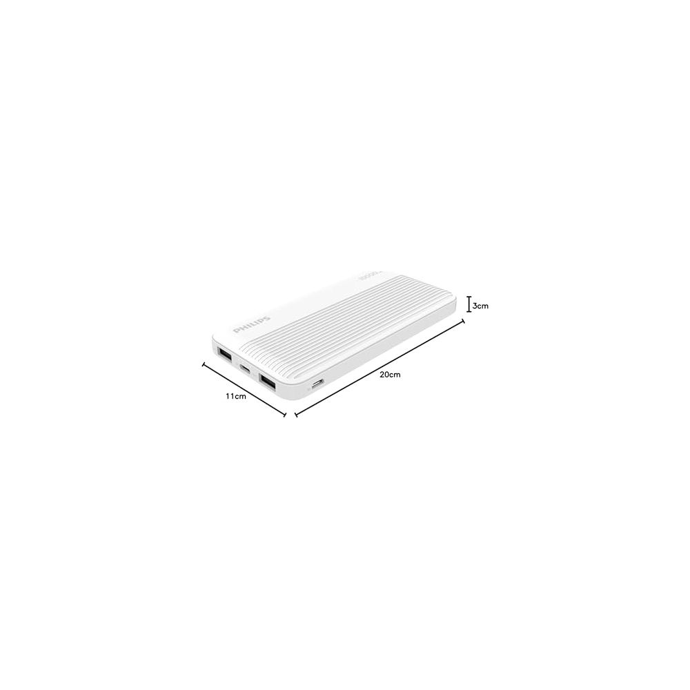 Une power bank Philips blanche mesurant 20x11x3cm.