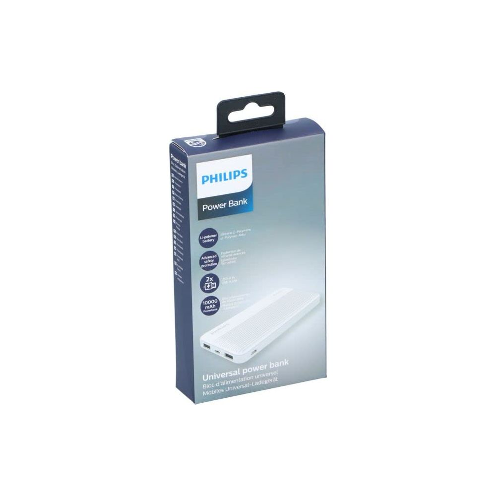 Emballage de power bank Philips d'une capacité de 10000 mAh.