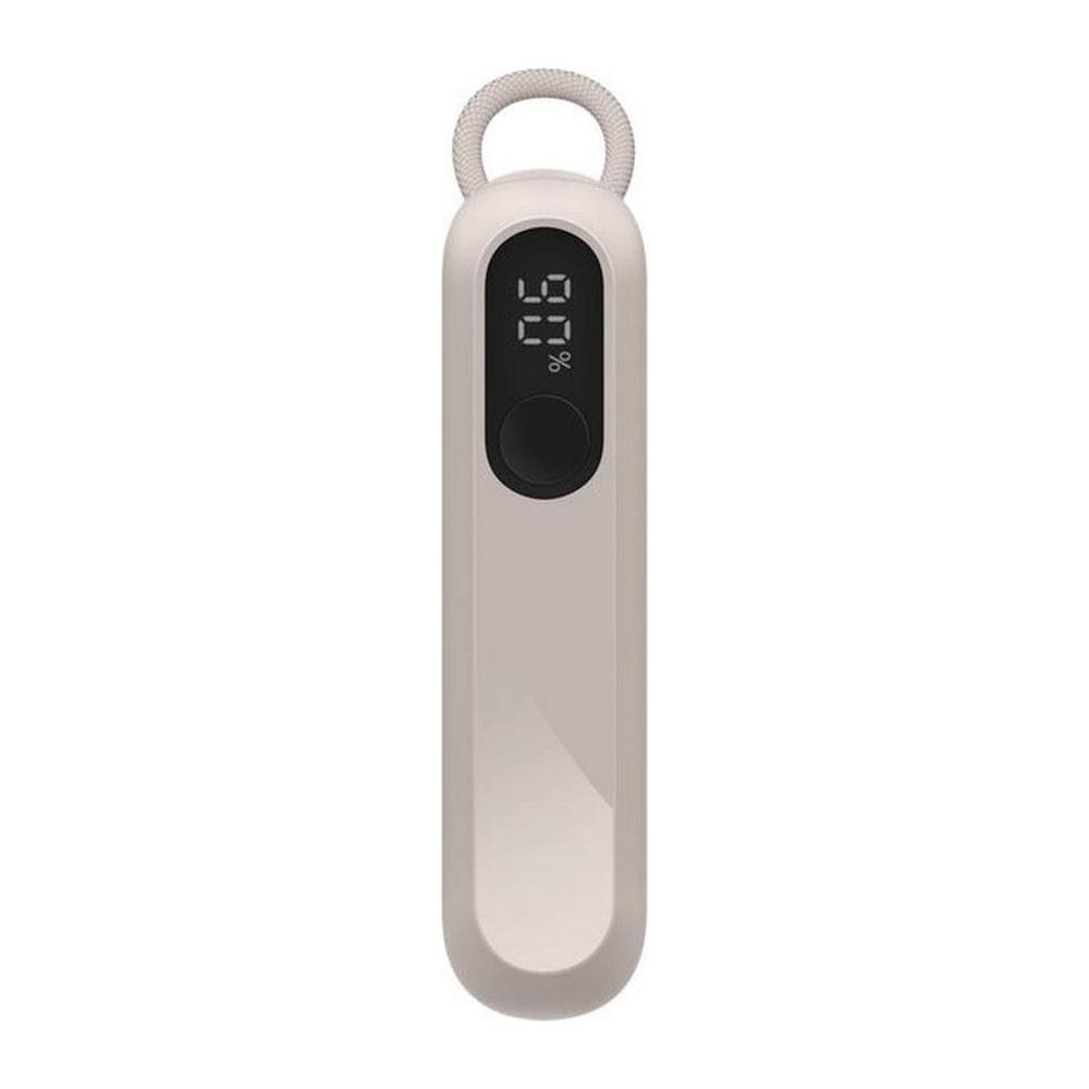 Dispositivo portatile beige chiaro con pulsante nero e display digitale che mostra 90%.