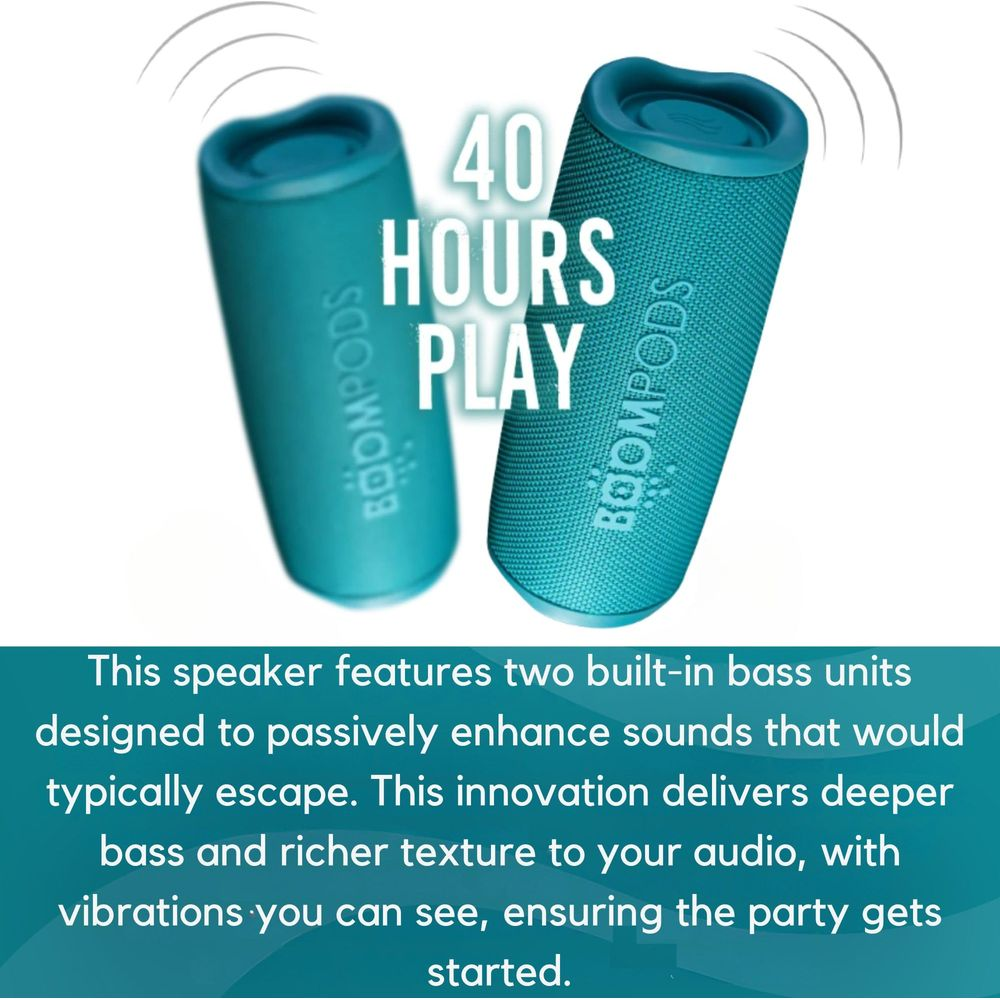 Due altoparlanti Boompods turchesi con 40 ore di riproduzione.