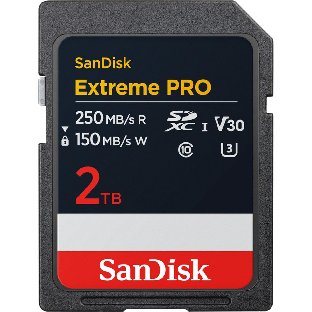 SanDisk Extreme PRO 2TB SD Karte mit 250MB/s Lese- und 150MB/s Schreibgeschwindigkeit.