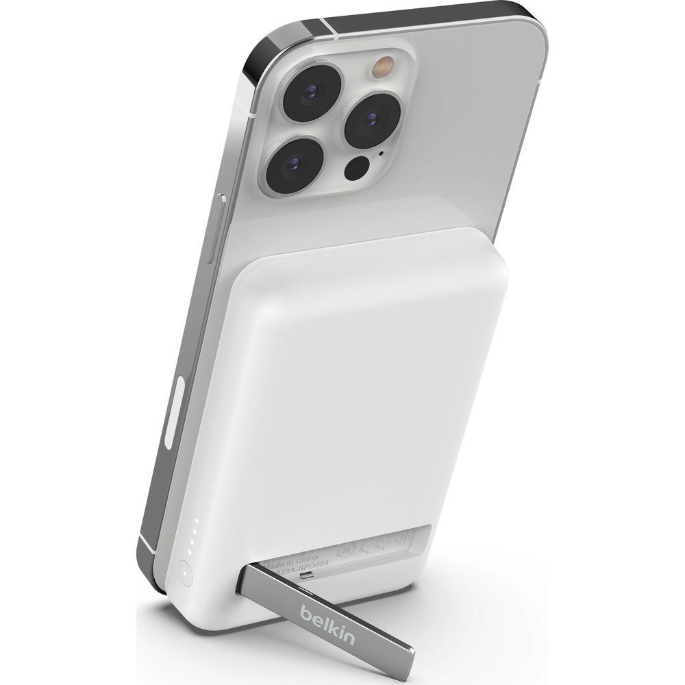 iPhone met witte batterij en standaard