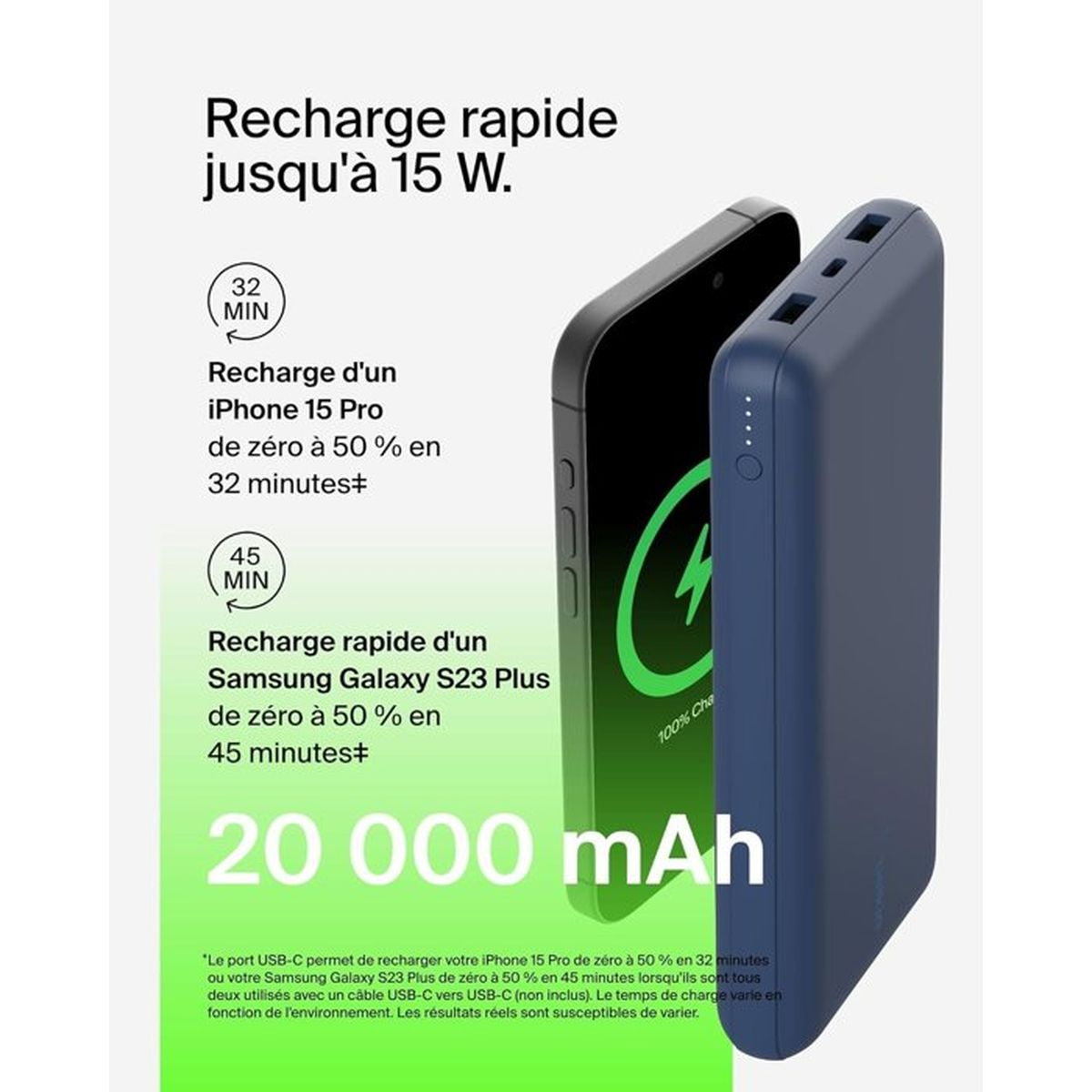 Power bank blu accanto a iPhone e Samsung. Tempo di ricarica 32/45 min. 20.000 mAh.