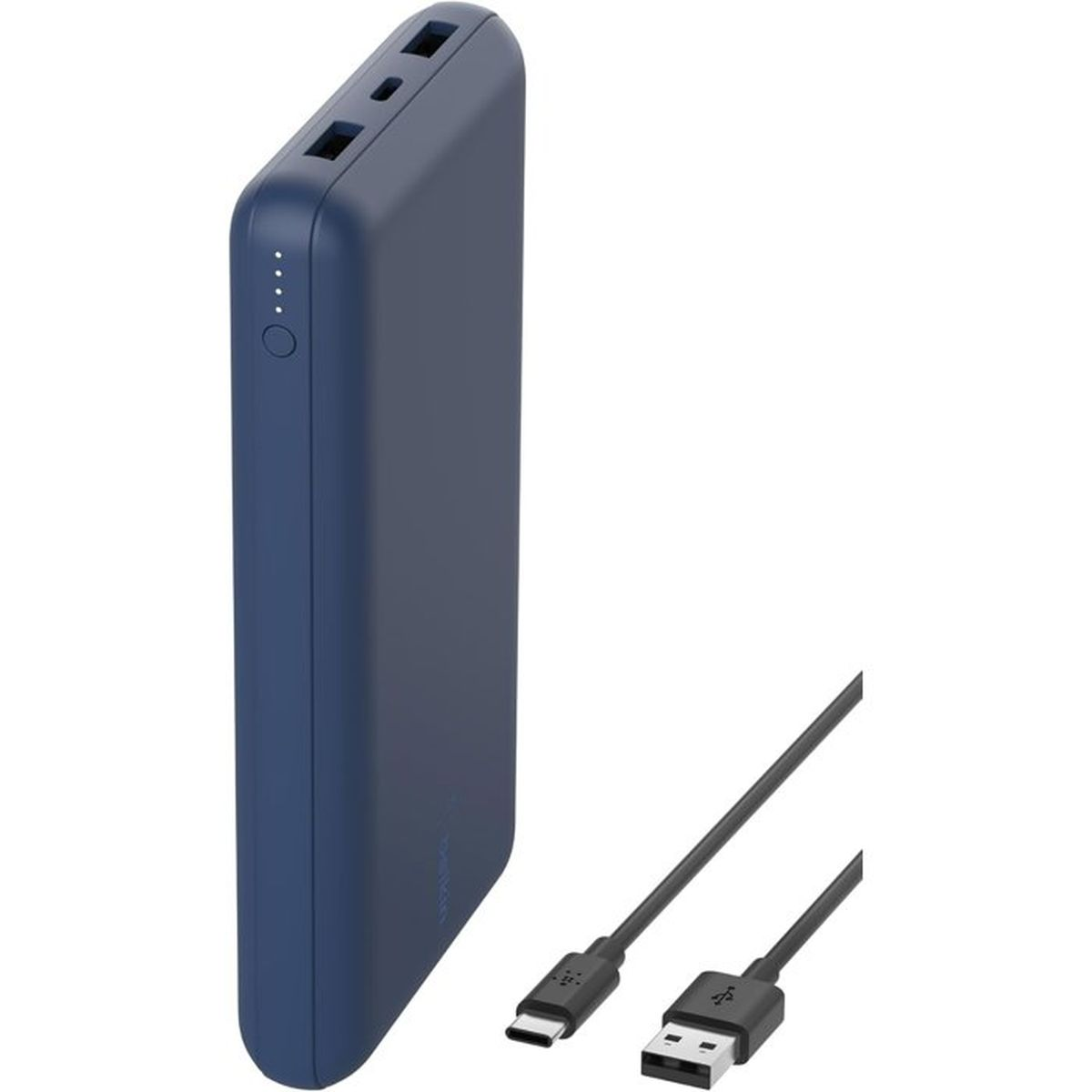 Un power bank blu scuro con due porte USB e un cavo USB-C.