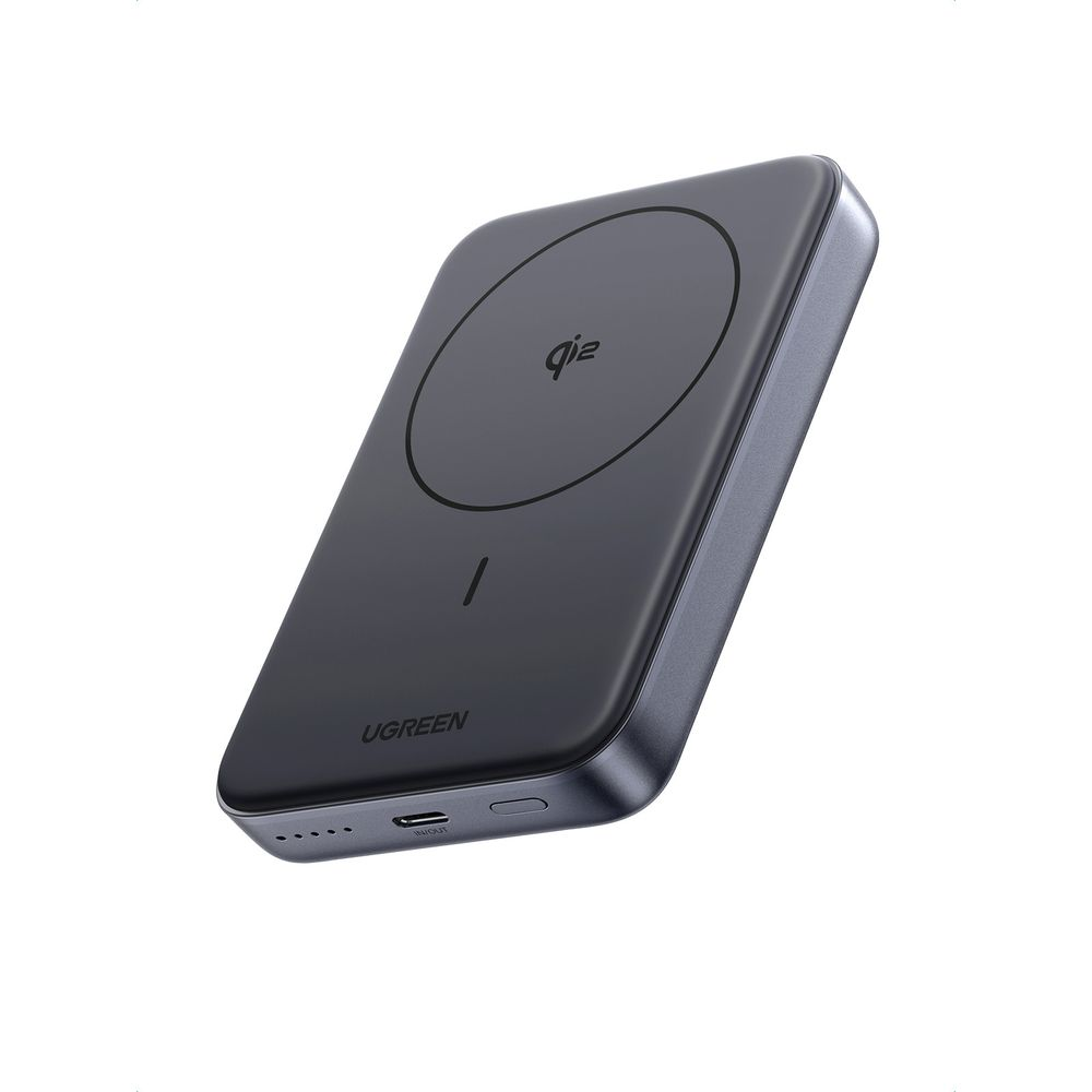 Czarna ładowarka bezprzewodowa z logo Qi i marką UGREEN.