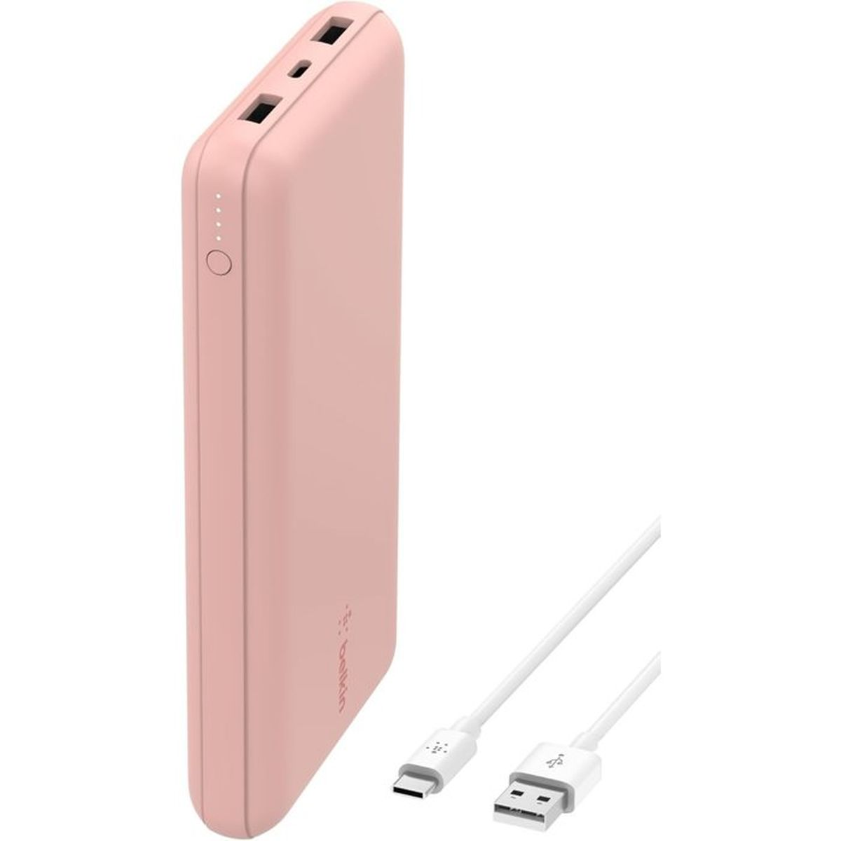 Une batterie externe rose avec deux ports de chargement et un câble USB.