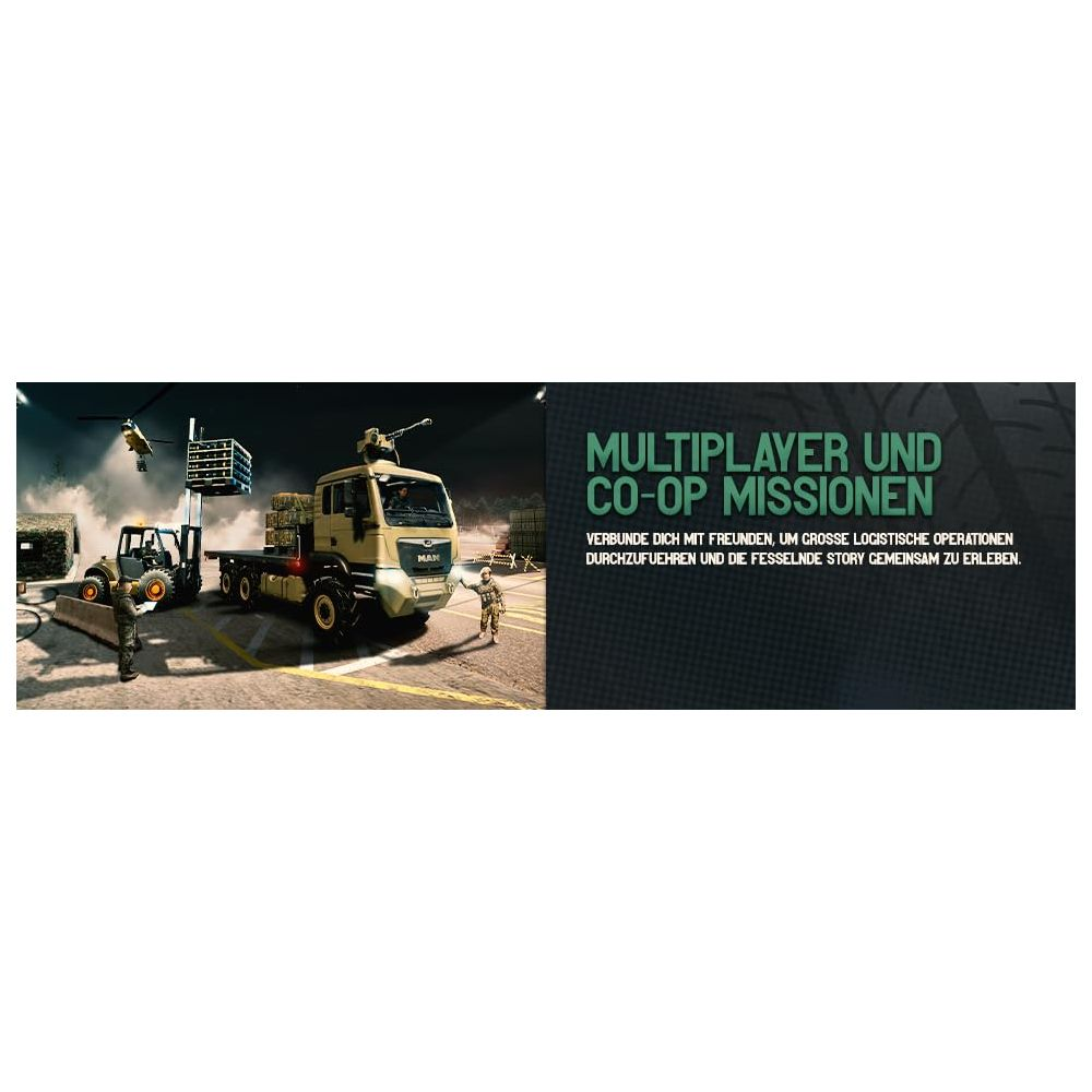 Militärlastwagen mit Lader, Soldaten und Helikopter im Einsatz.