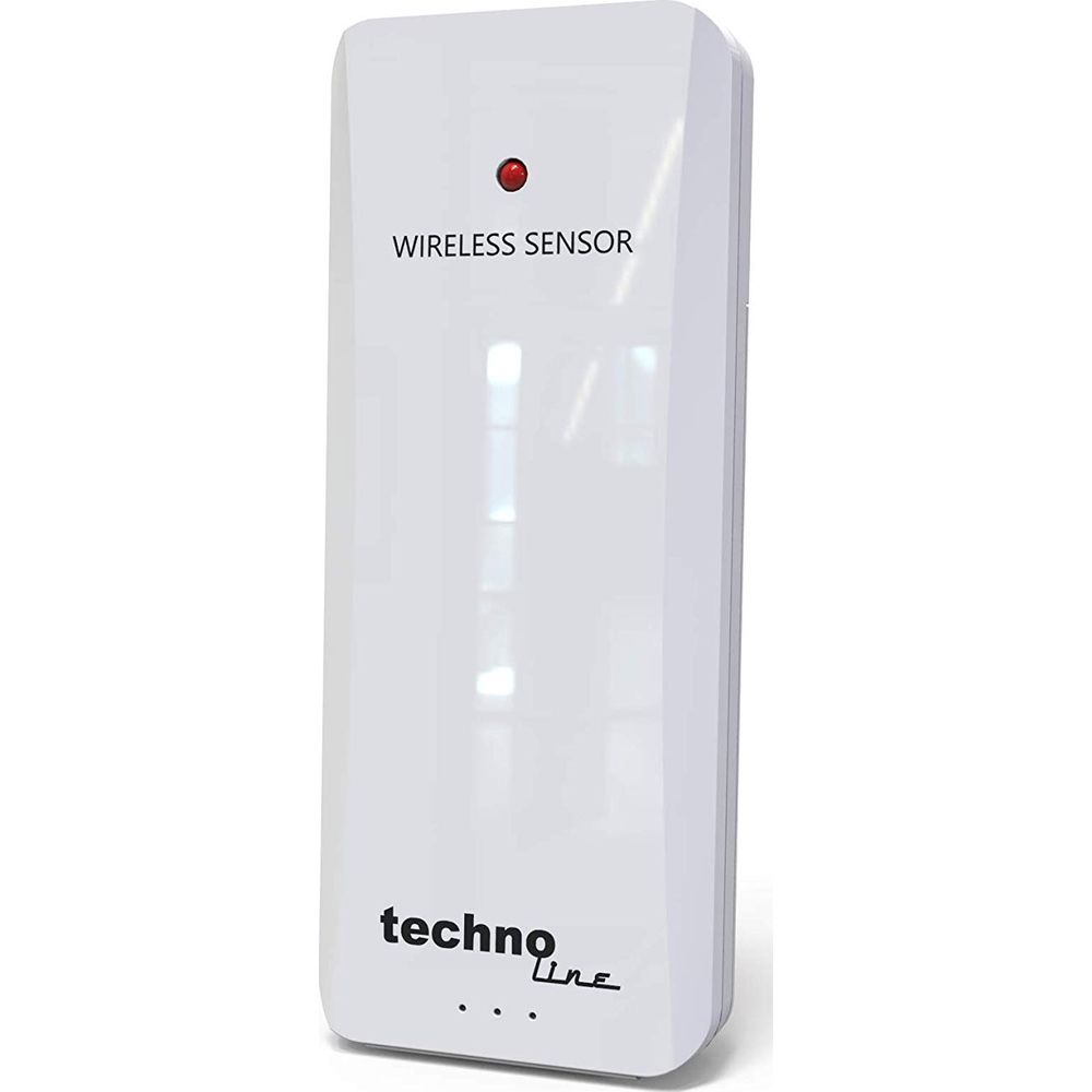 Biały czujnik bezprzewodowy z czerwoną lampką kontrolną i logo 'techno line'.