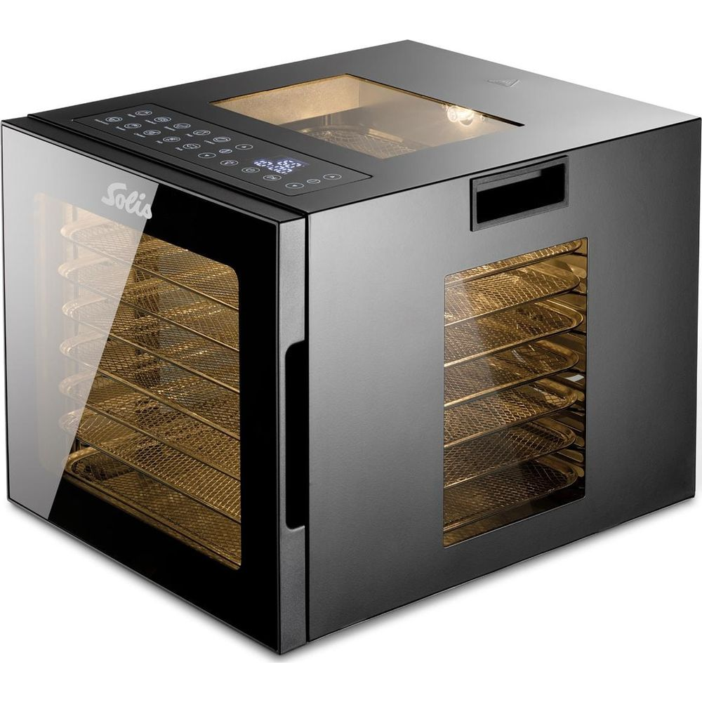 Schwarzer Dörrautomat mit Glastüren und sechs Ebenen mit goldenen Gittern.