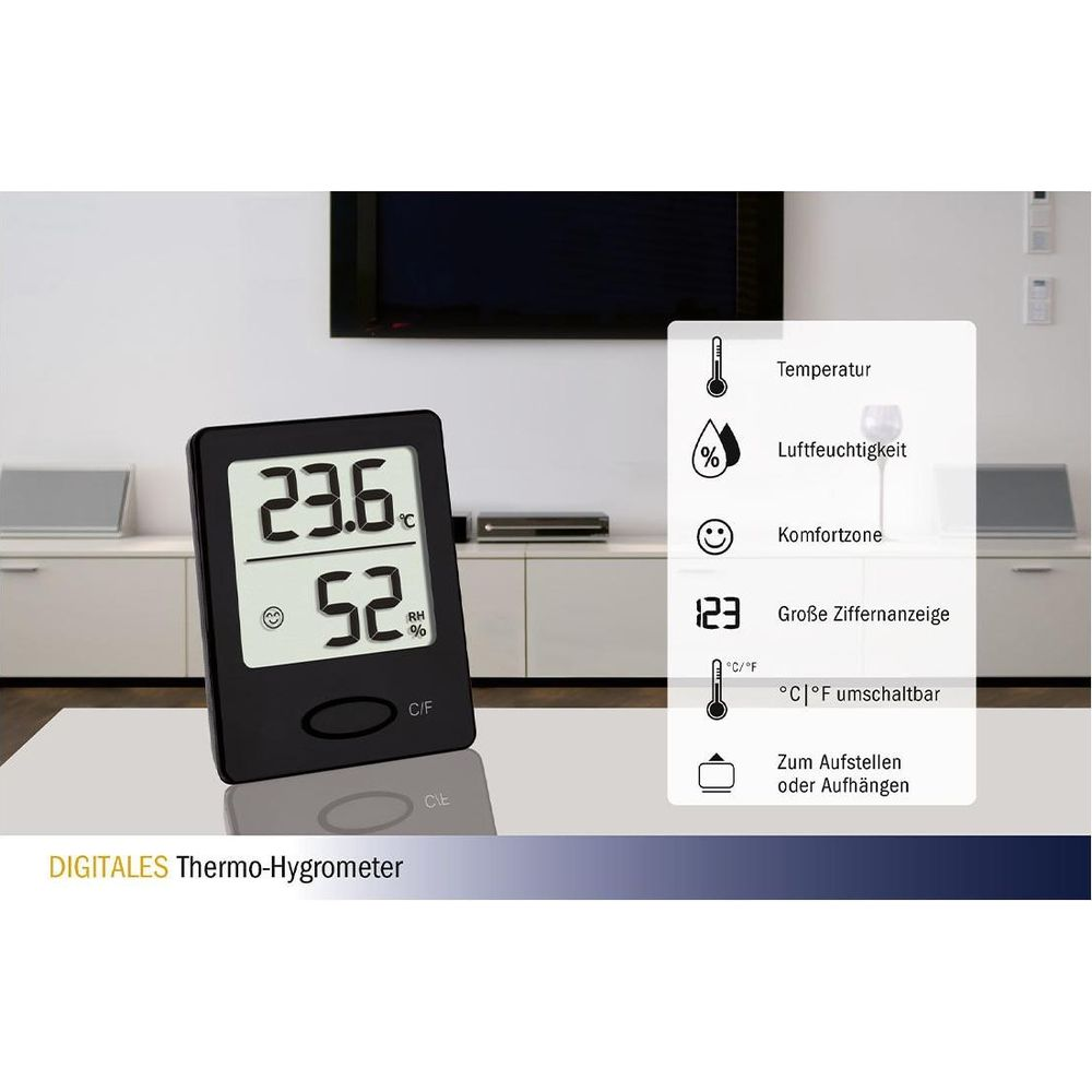 Digitales Thermo-Hygrometer zeigt 23.6°C und 52% Luftfeuchtigkeit an.