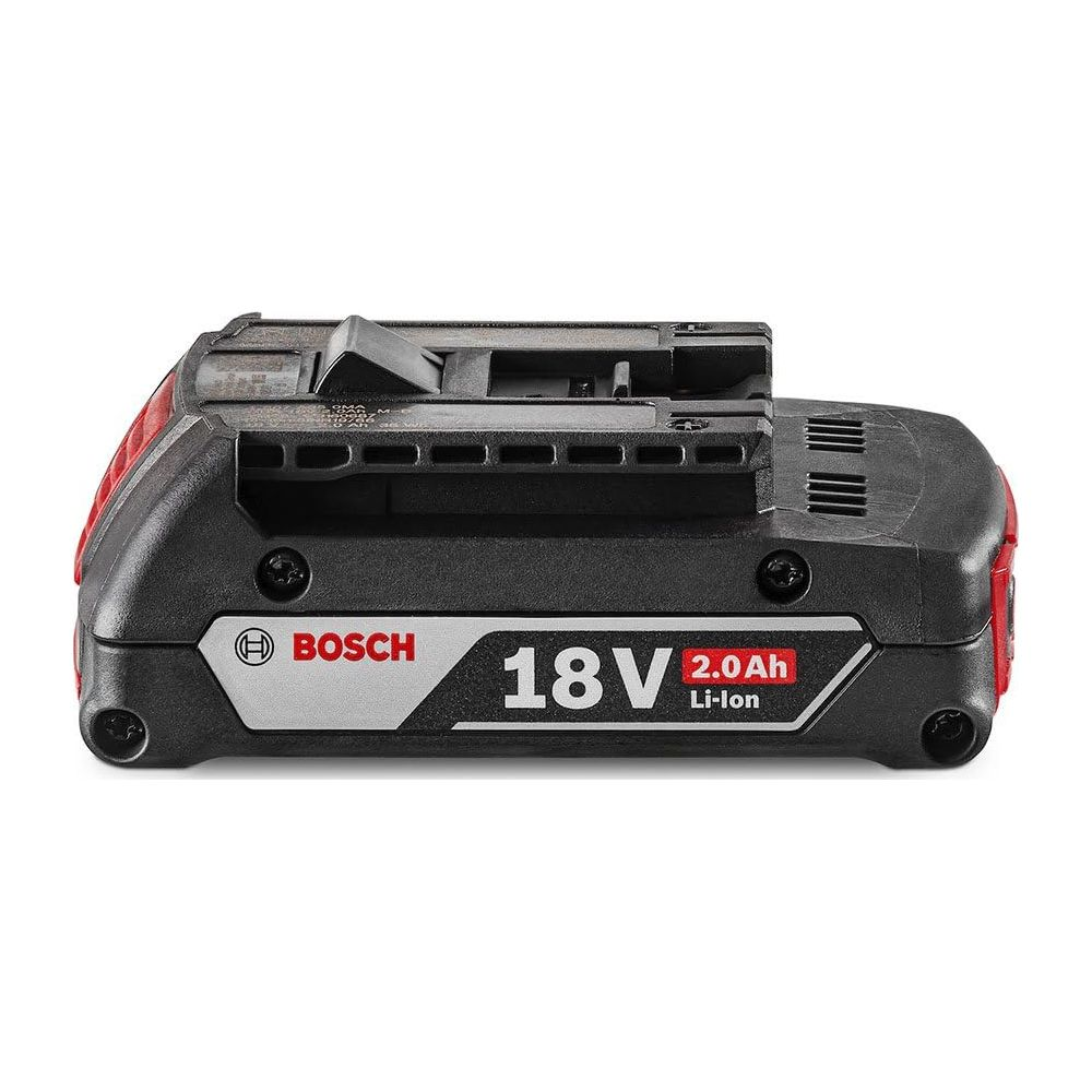 Batteria nera Bosch 18V 2.0Ah Li-Ion con accenti rossi.