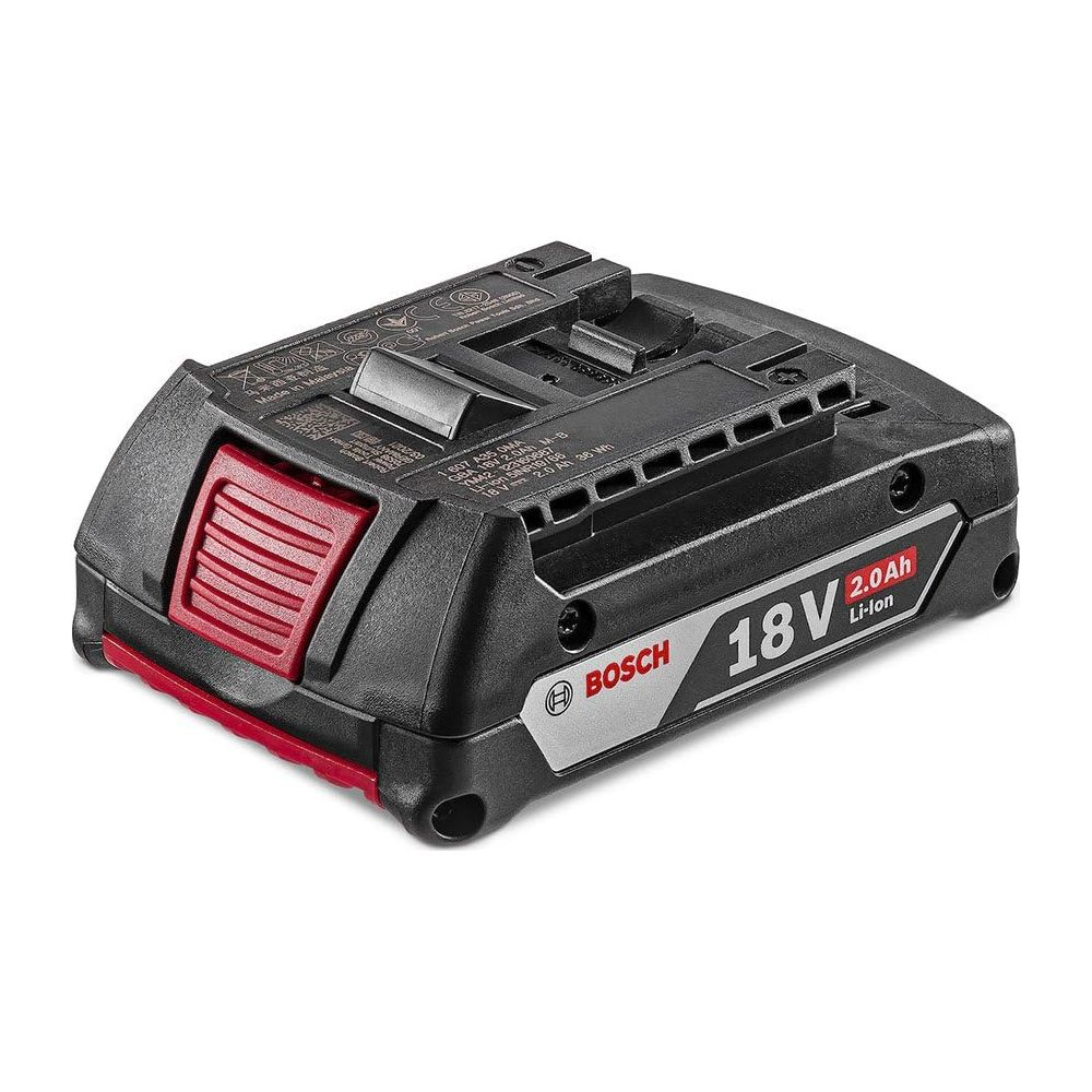 Batteria Bosch 18V 2.0Ah Li-Ion nera con pulsante di rilascio rosso.