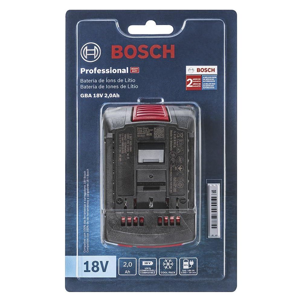 Batteria Bosch Professional GBA 18V 2.0Ah Ioni di Litio in confezione con dettagli prodotto.