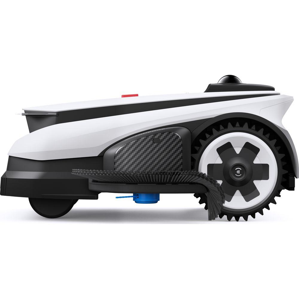 Ein weißer Mähroboter mit schwarzen Akzenten und Bürsten.